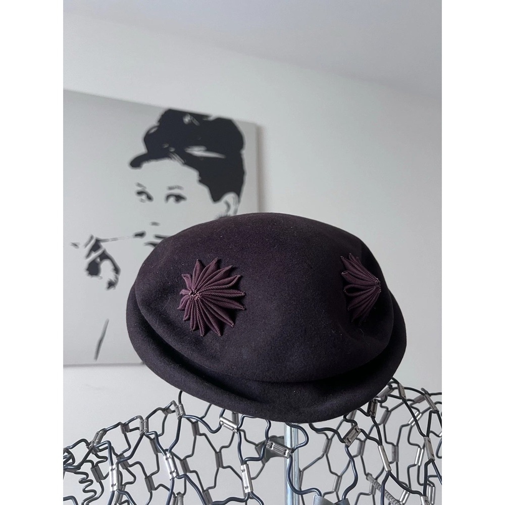 Vintage Merrimac Hat Corp Excello 100% Wool Pillbox Hat Brown Starburst